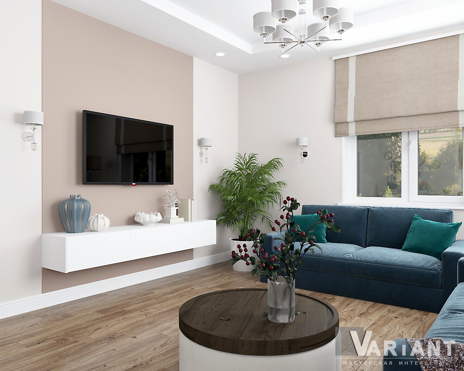 кухня-гостиная с синими диванами