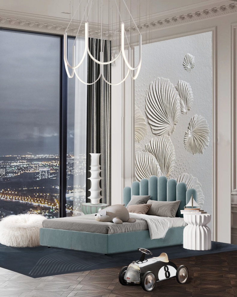 Вариант оформления акцентной стены за изголовьем кровати в детской комнате.