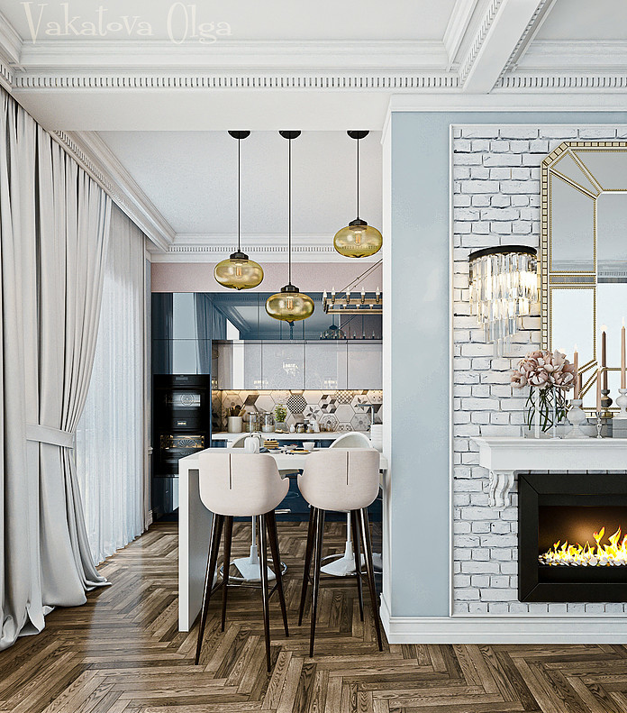 Обложка проекта: Интерьер  кухни-гостиной  в доме с панорамными  окнами.