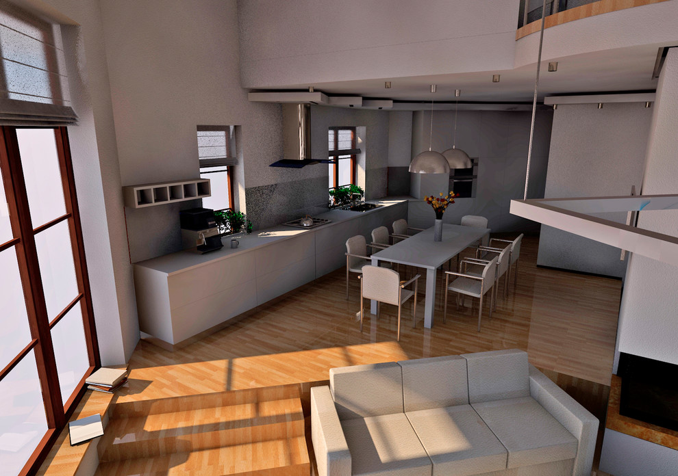 Общее пространство - прихожая, кухня, столовая, гостиная, лестница.