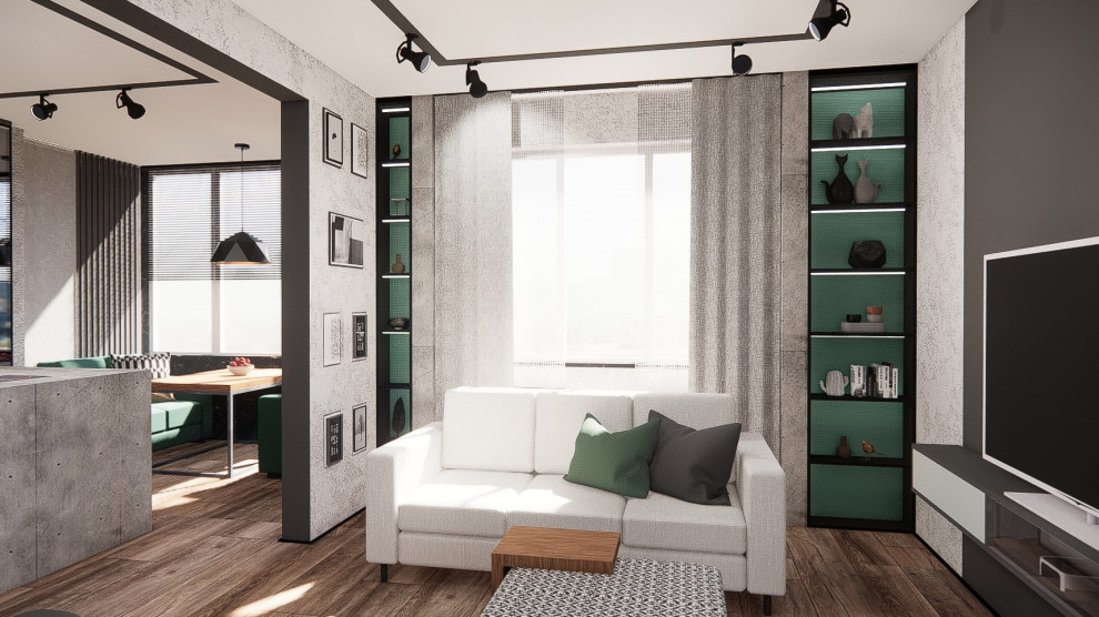 Графичный интерьер с элементами брутализма