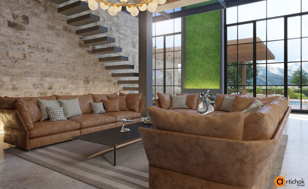 Дизайн интерьера гостиной в двухэтажном доме