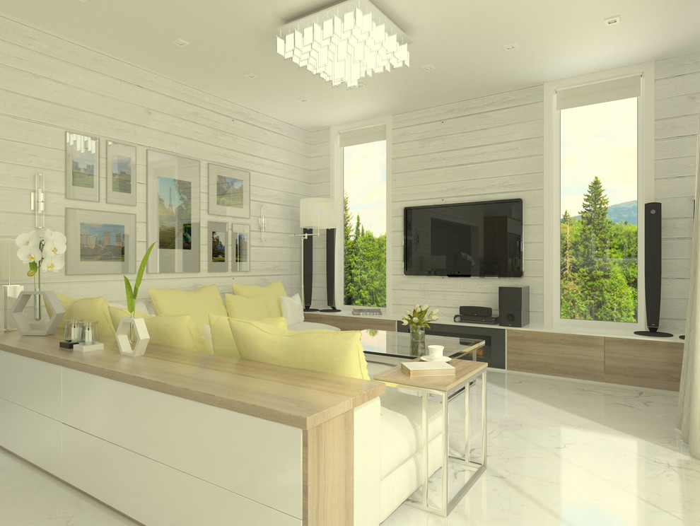 Интерьер кухни-гостиной в загородном доме из клееного бруса, г. Ижевск