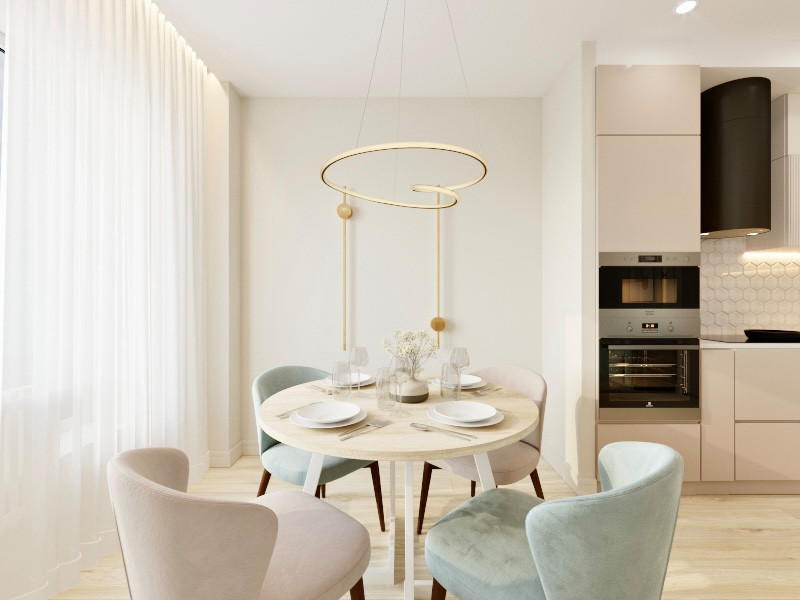 "Нотки Ментола" в кухни-гостиной для молодой пары в ЖК Лесопарковый