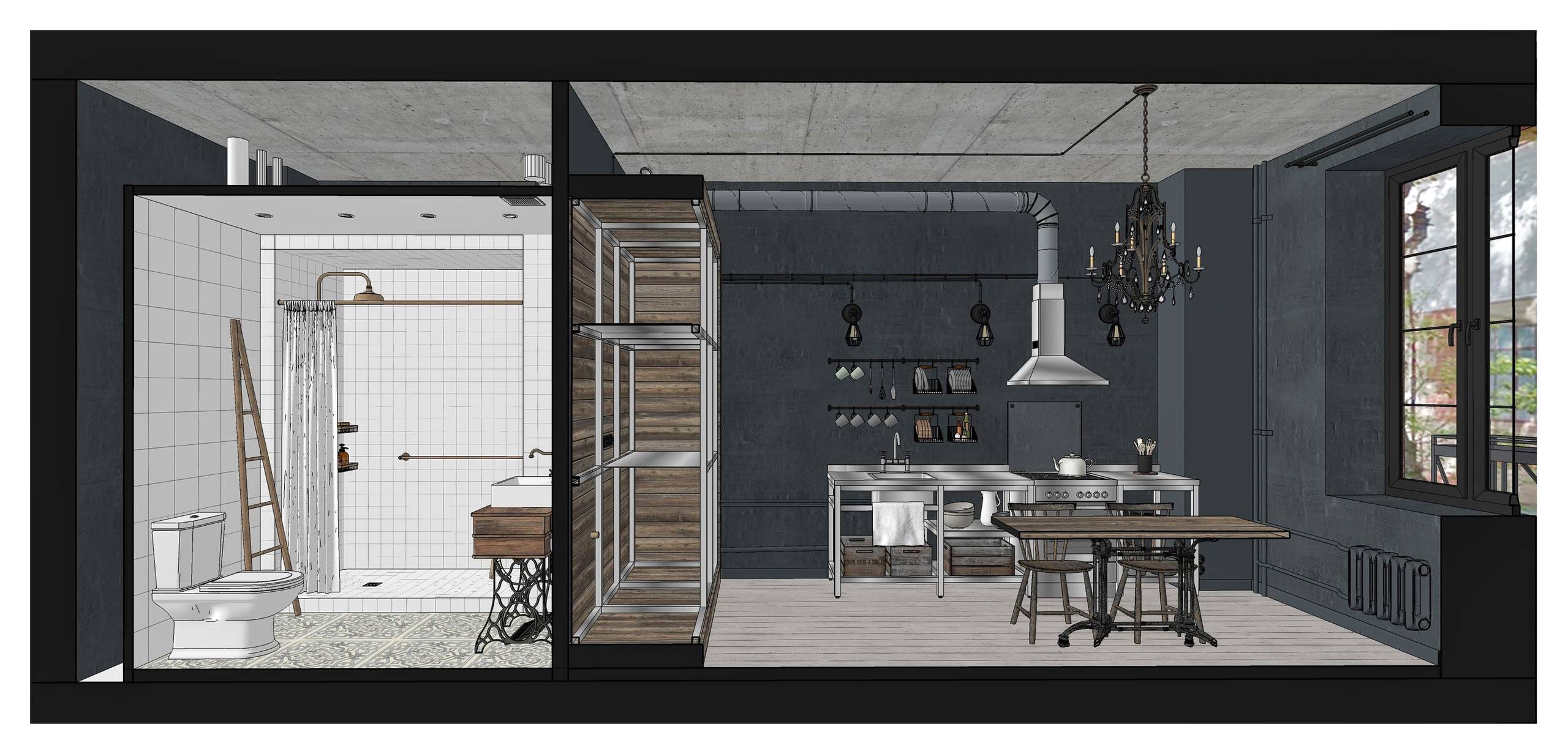 Houzz тур: Студия с металлической кухней и хрустальной люстрой