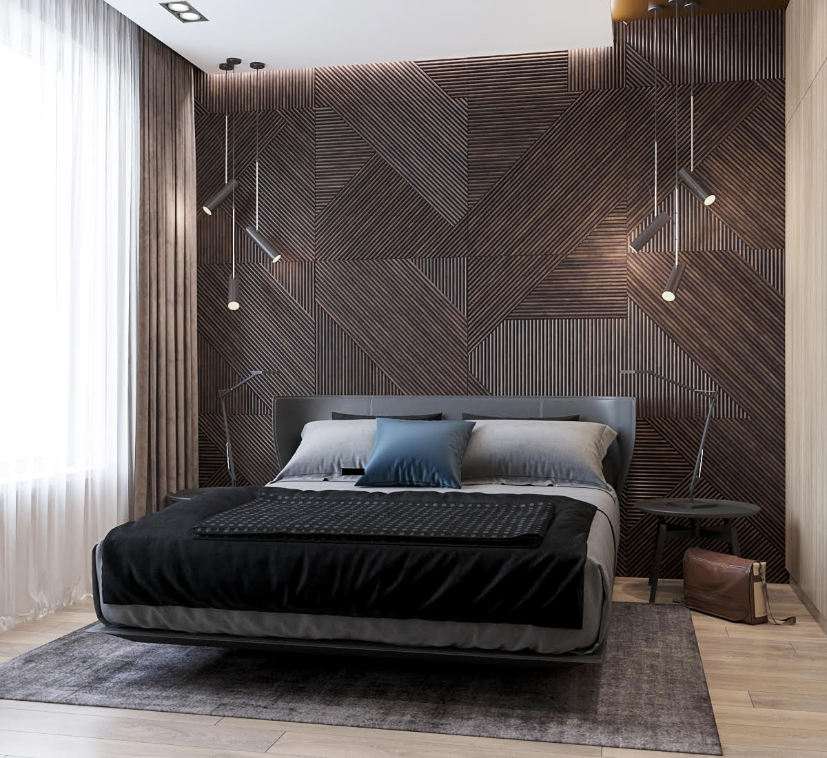 Стильная спальня с 3Dпанно и черным потолком