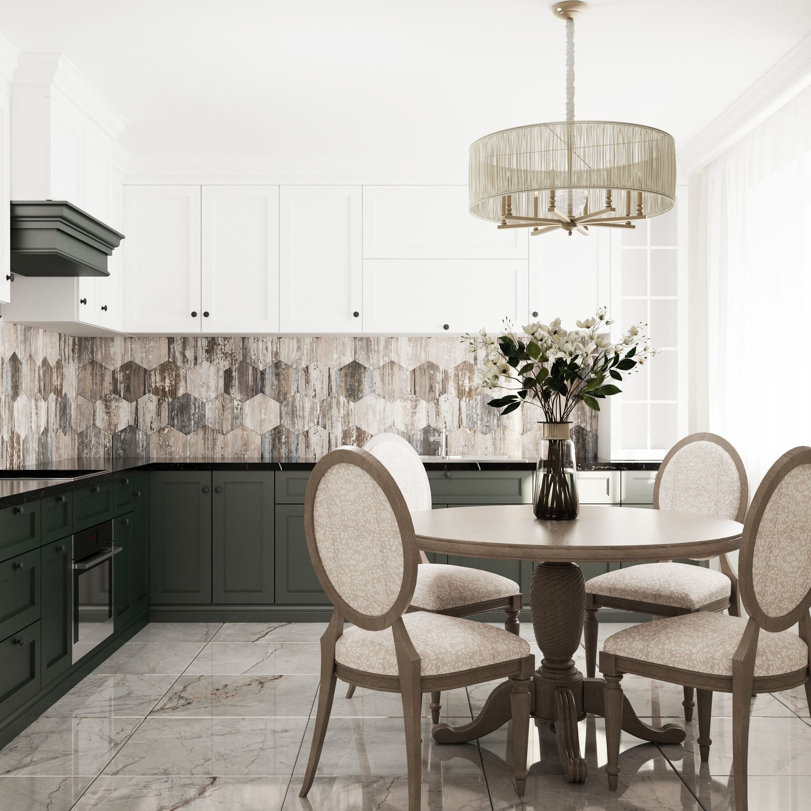 Обложка проекта: Визуализация классической кухни в разных цветовых вариантах.