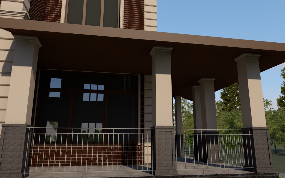 Фасады загородного дома и гаража в коттеджном поселке