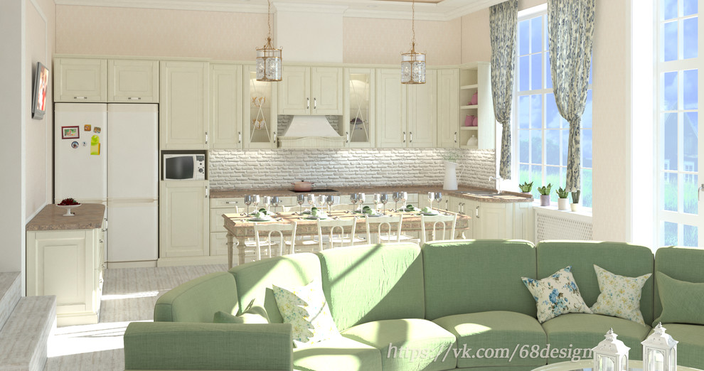Дизайн и визуализация кухни-гостиной (54м2) загородного дома, в стиле прованс.