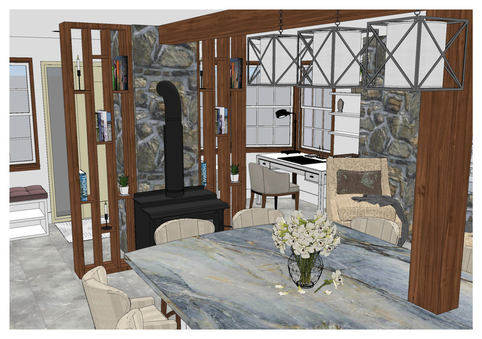 Кухня с большим островом в частном доме в США