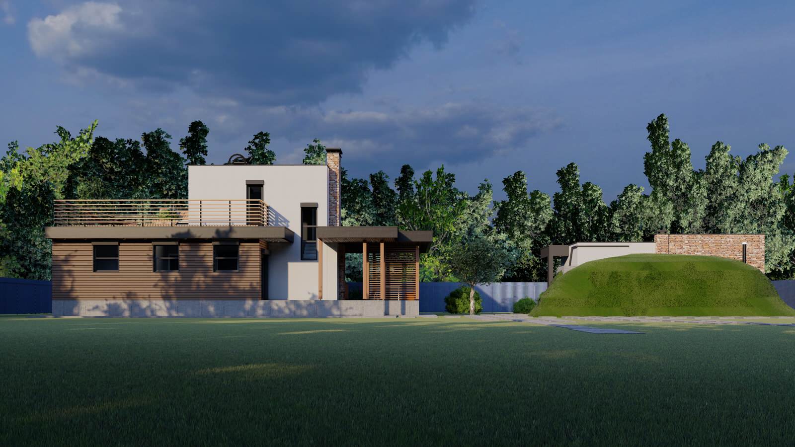 Боковой общий вид на баню и гараж со стороны дома родителей.