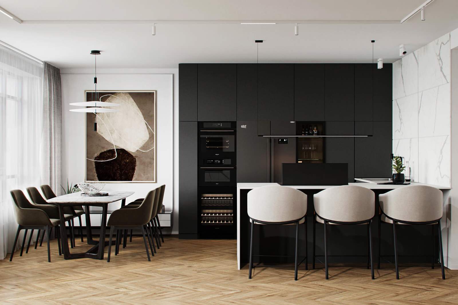 Cовременная квартира, дизайн интерьера в светло-темных тонах в ЖК "Георг Ландрин