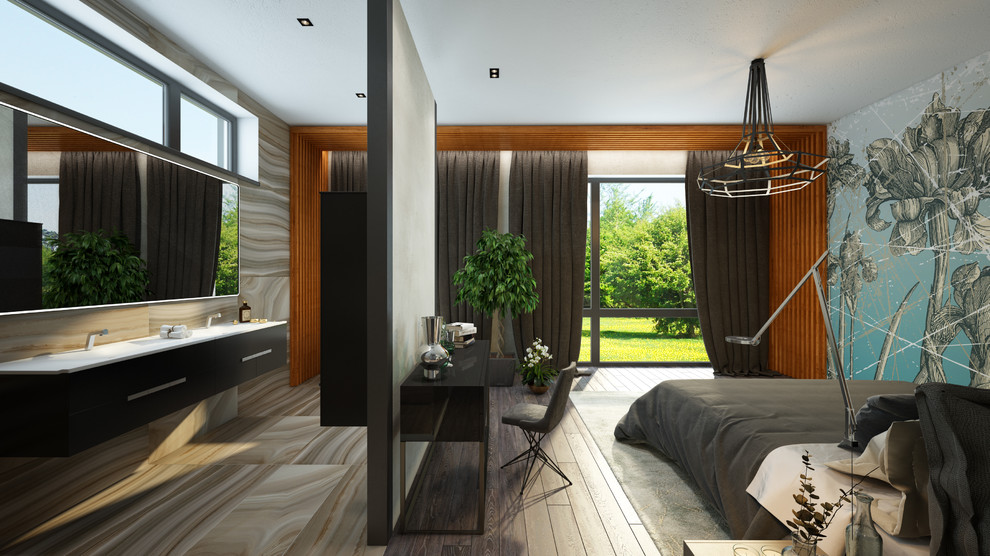 Дизайн спальни совмещенной с ванной комнотой