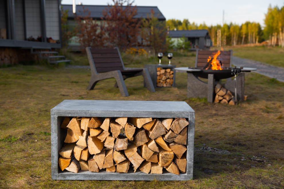 Кресло C-Lounge, бетонная дровница, костровая чаша S80 Xl, столешница