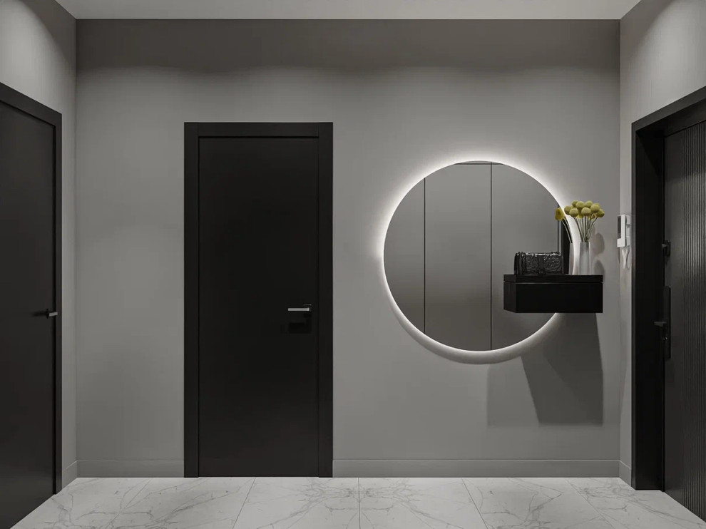 Квартира в стиле минимализм в монохромной серой гамме с яркими акцентами