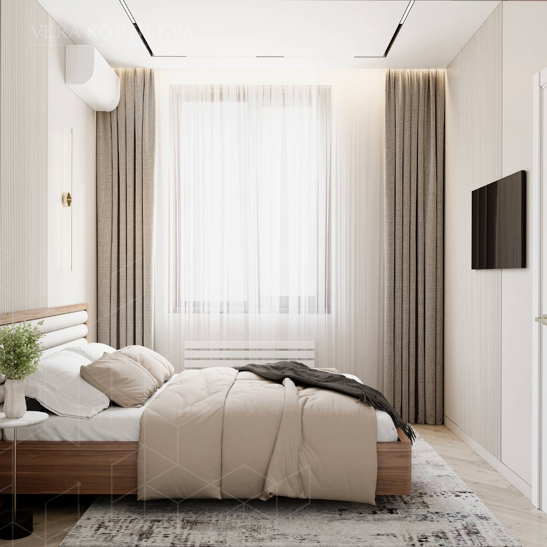 Уютная спальня в пастельных тонах с деревом цвета орех