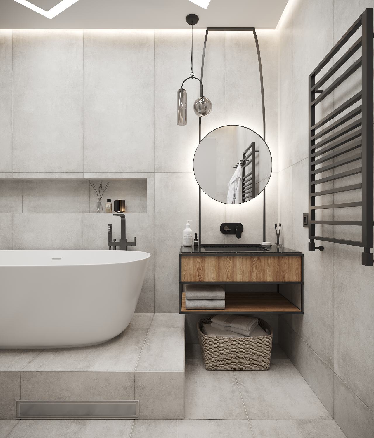 Бетон и металл в ванной комнате