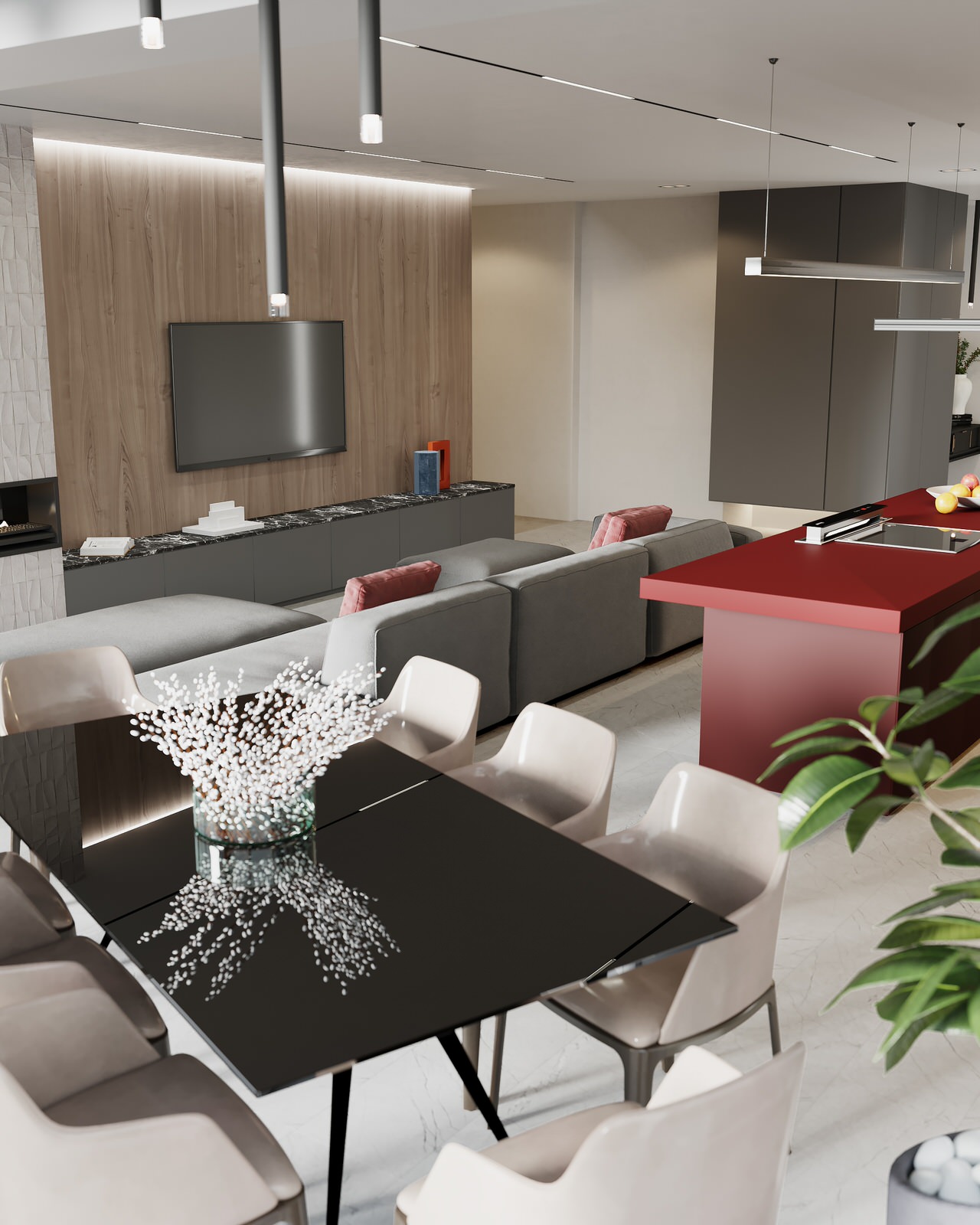 Современная кухня-гостиная с цветными элементами