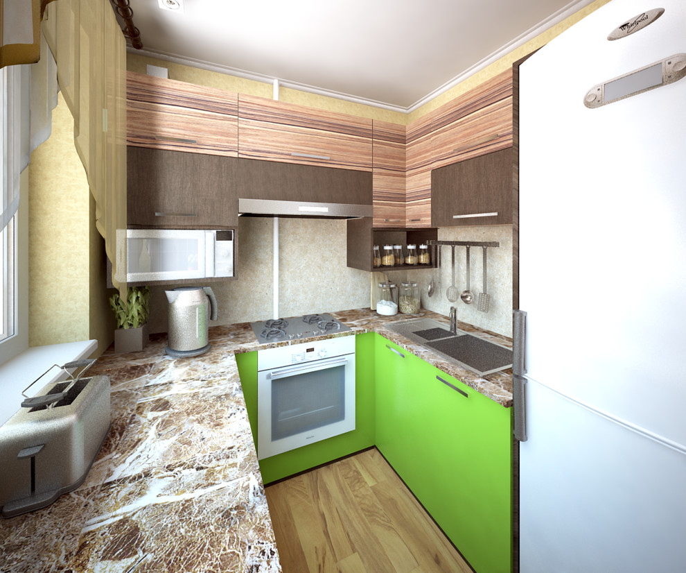 П-образная кухня с рабочей зоной, прилегающей к окну