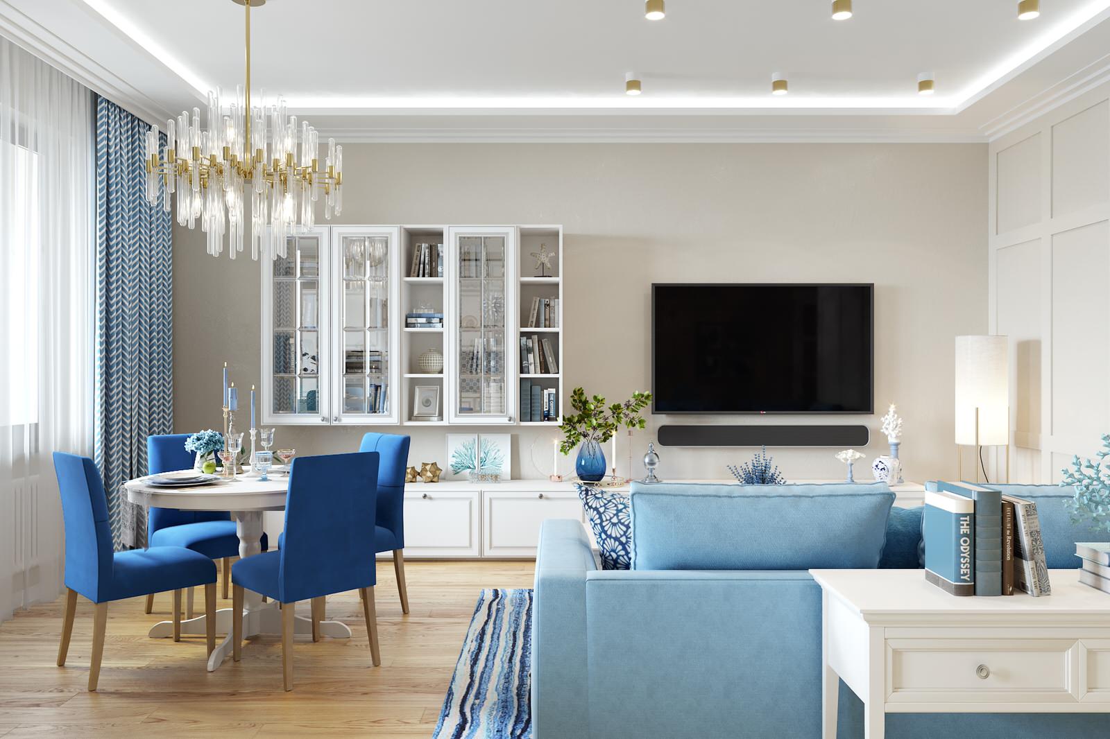 Нежный бело-голубой интерьер