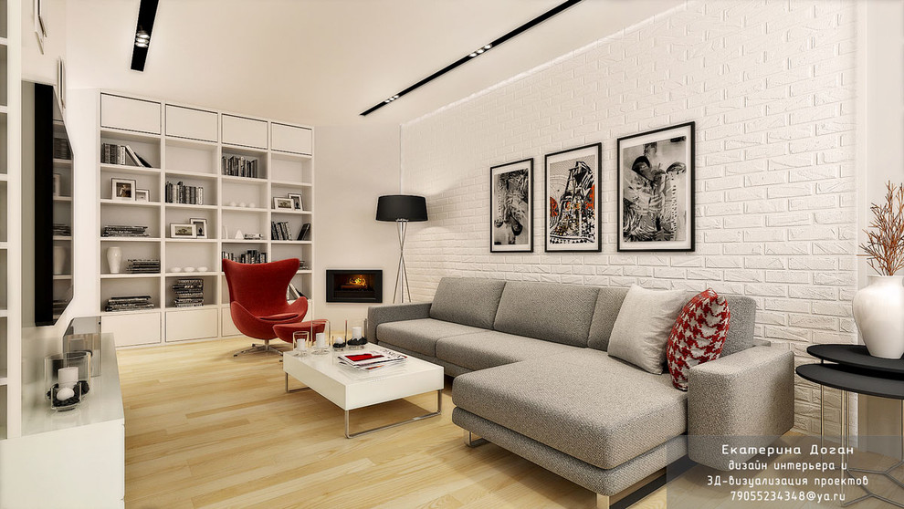 Современный дизайн гостиной с камином