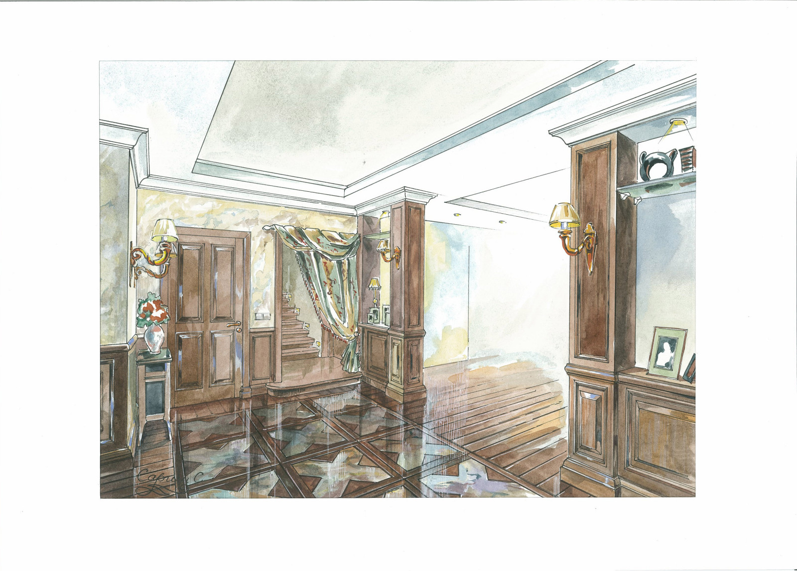 Эскизы к дизайн-проекту загородного дома в английском стиле.