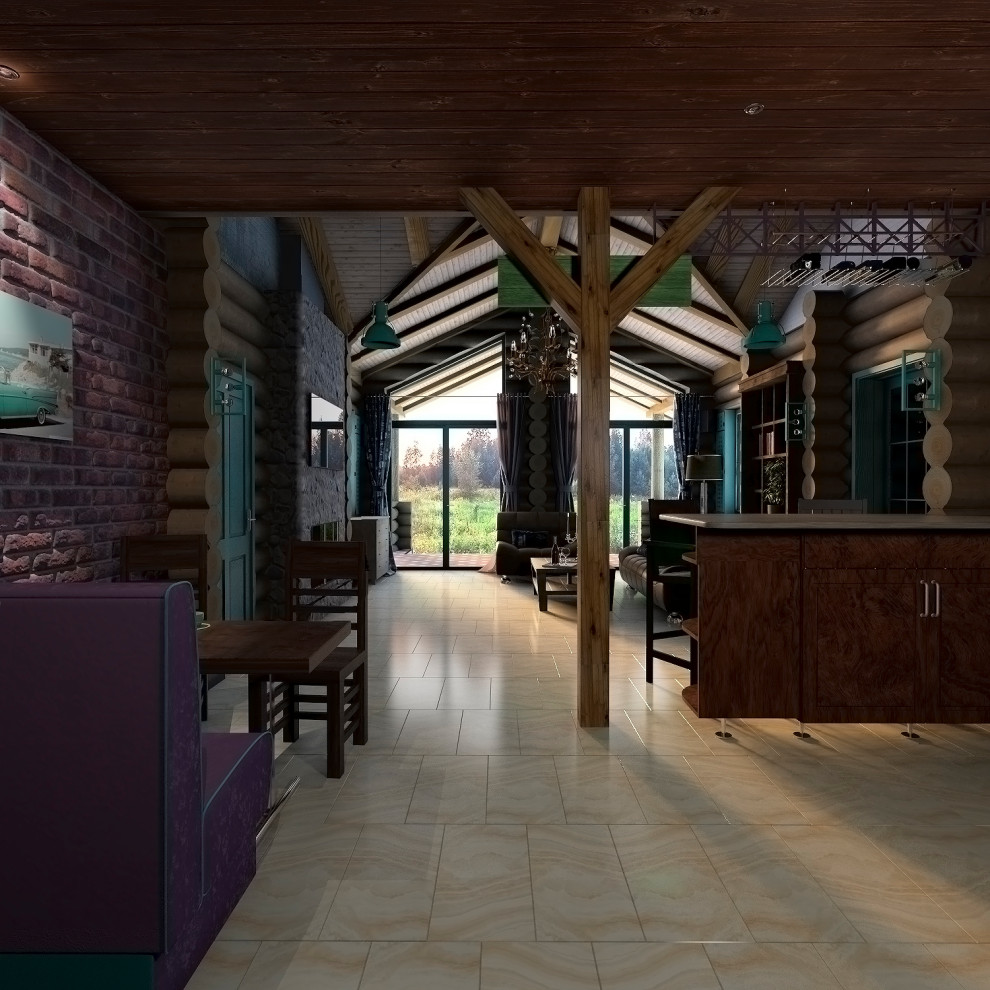 Гостинная дома из сруба в стиле кантри