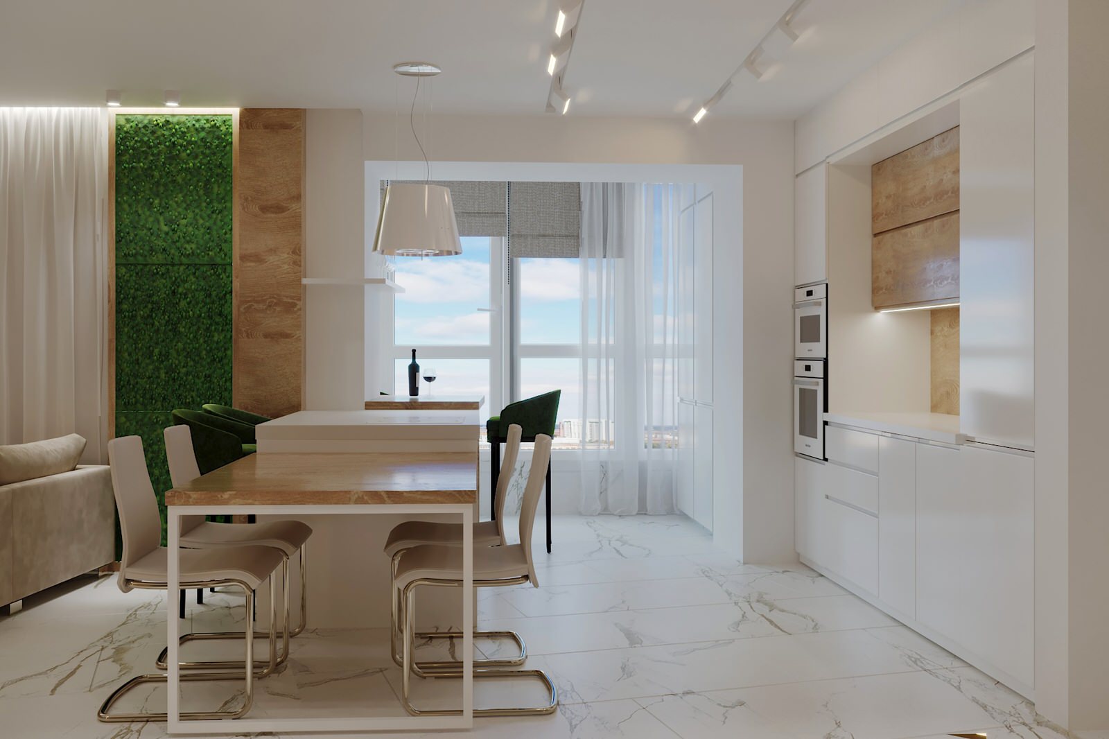 Светлые,минималистичные с сочными зелеными акцентами интерьеры