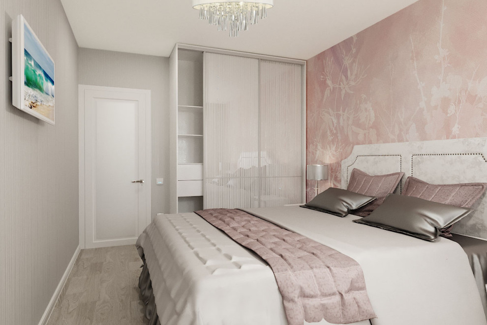 спальня для девушки в  дымчато-розовом с серым