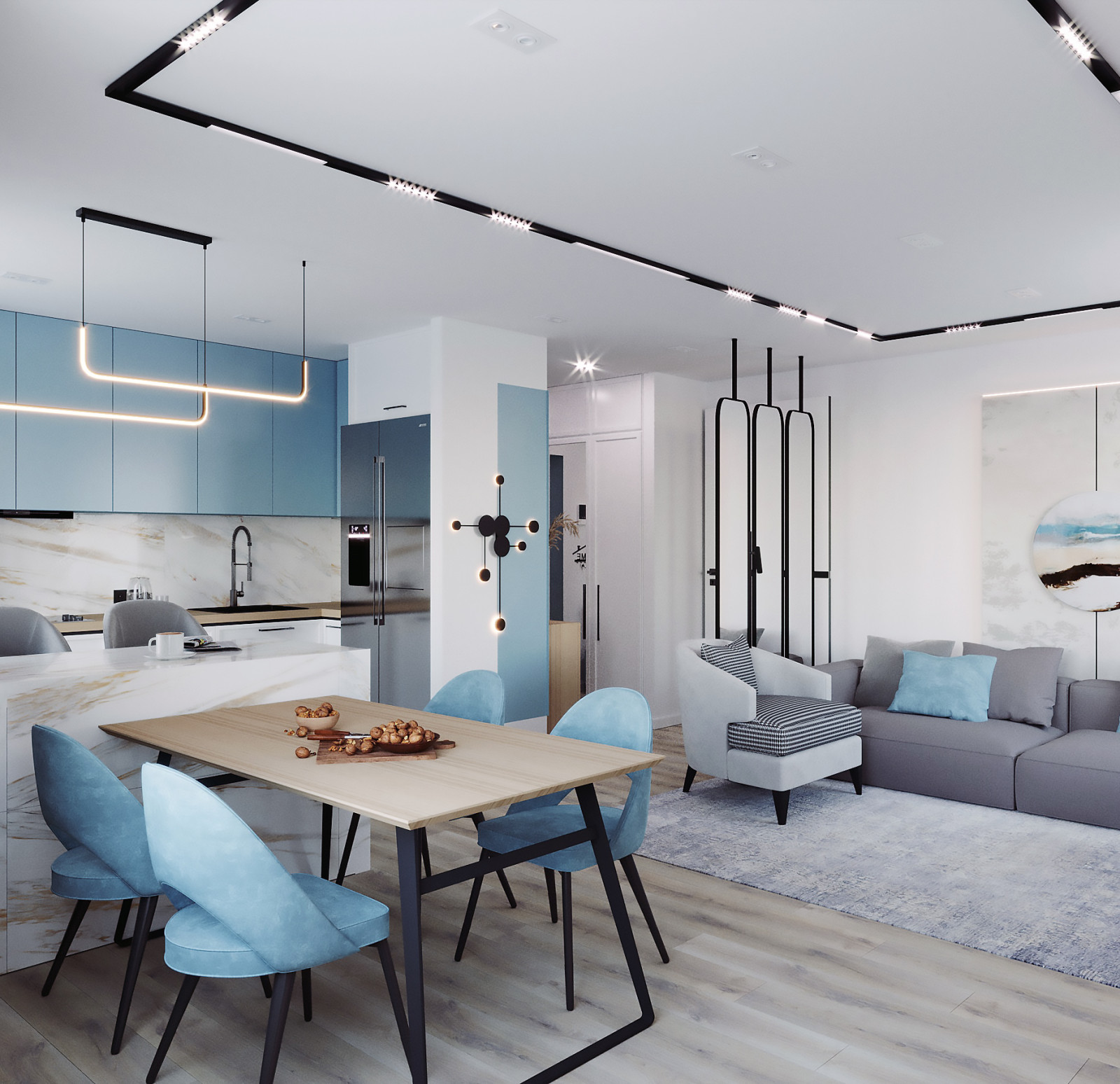 Гостиная с голубым акцентным цветом