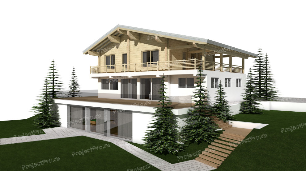 S-021. Трехуровневый дом из клееного бруса и блока АГБ на сложном рельефе