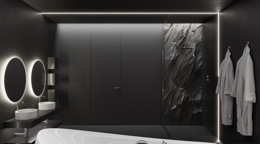 Цвет настроение черный. Визуализация ванной комнаты со скалой