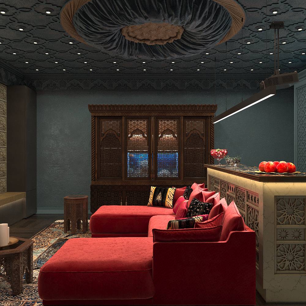 Интерьер кинозала в цокольном этаже загородного дома в Восточном стиле