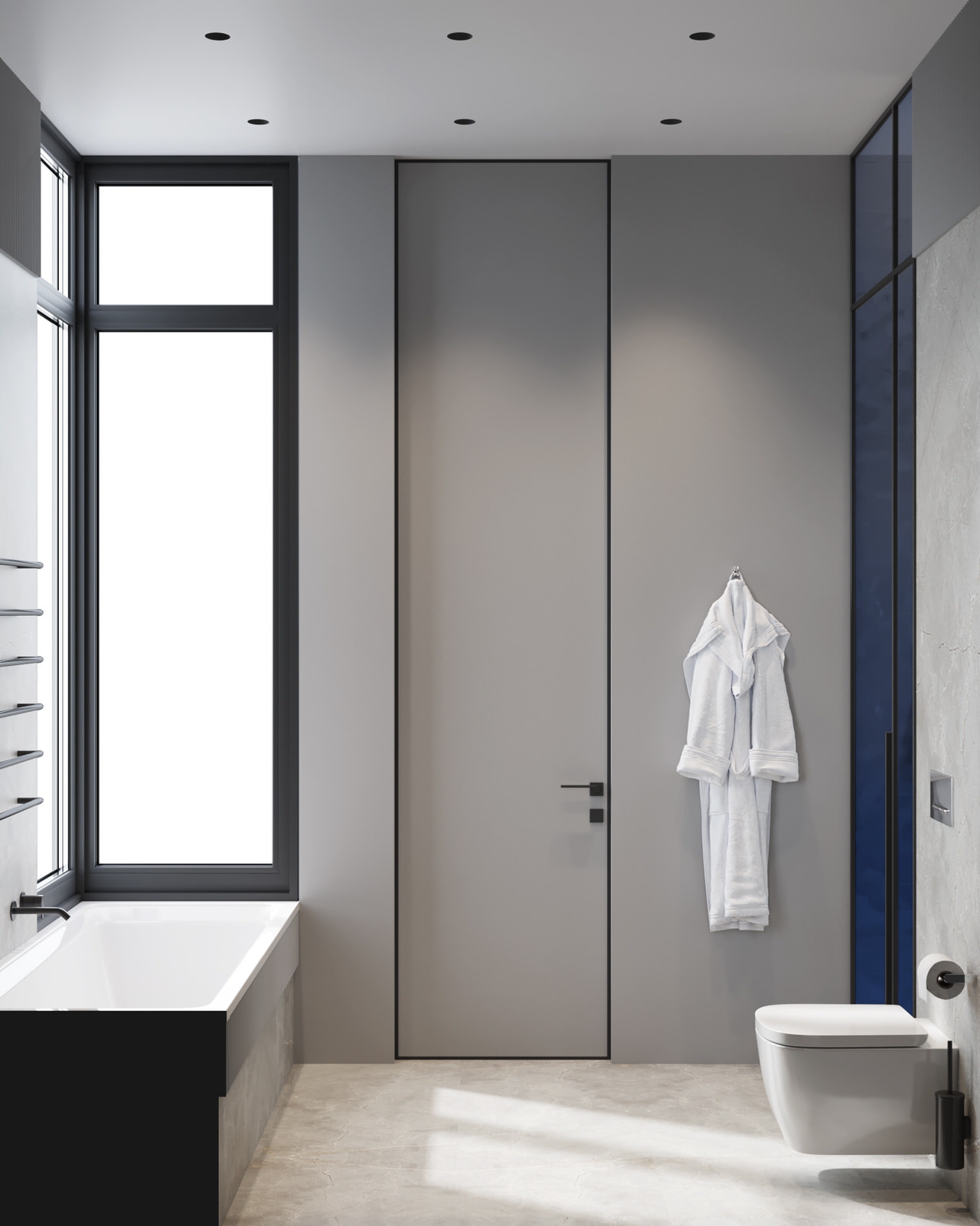 Монохромный интерьер ванной комнаты с необычной душевой