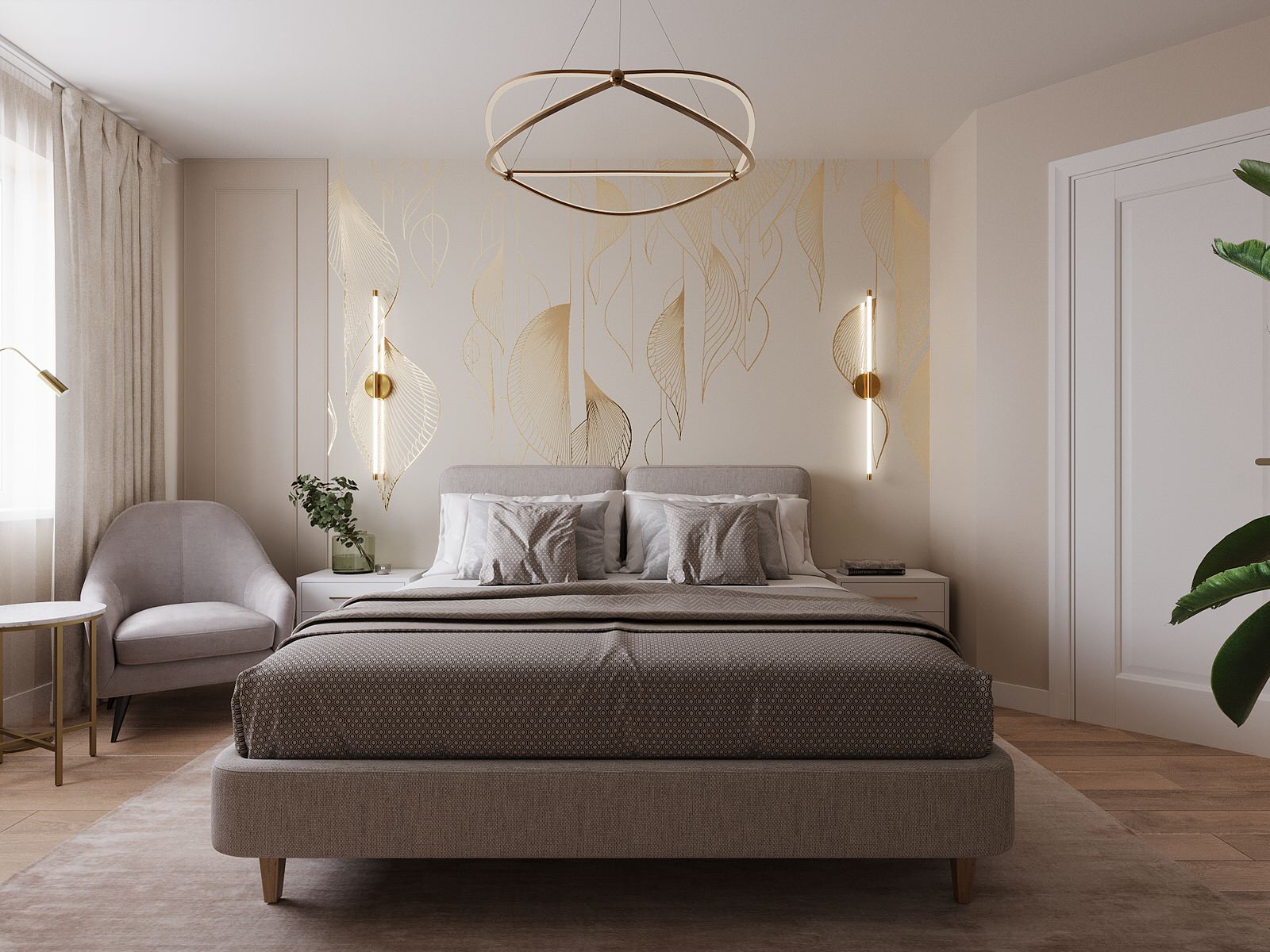 Бежевый в спальне .