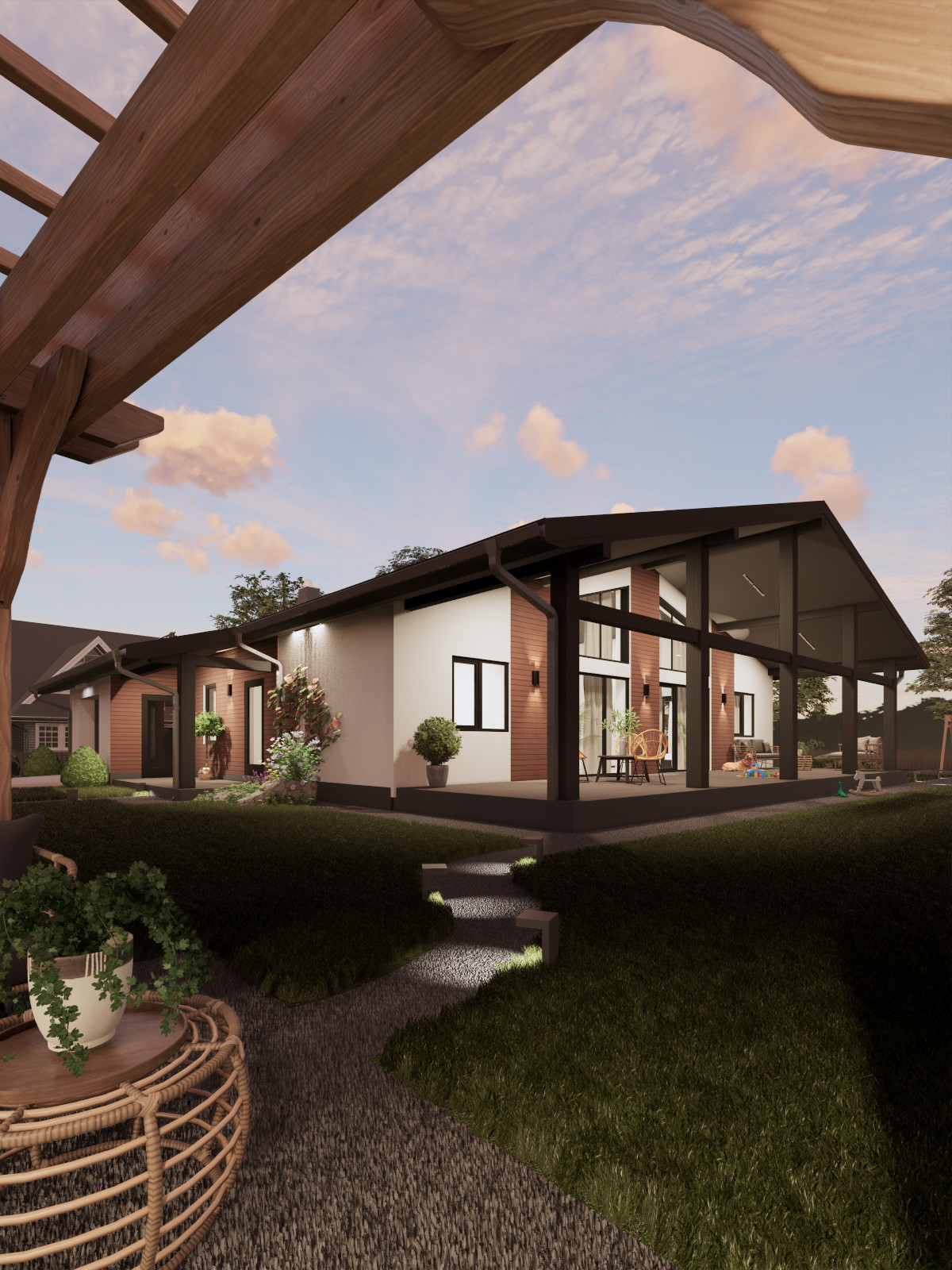 Одноэтажный дом с открытой террасой