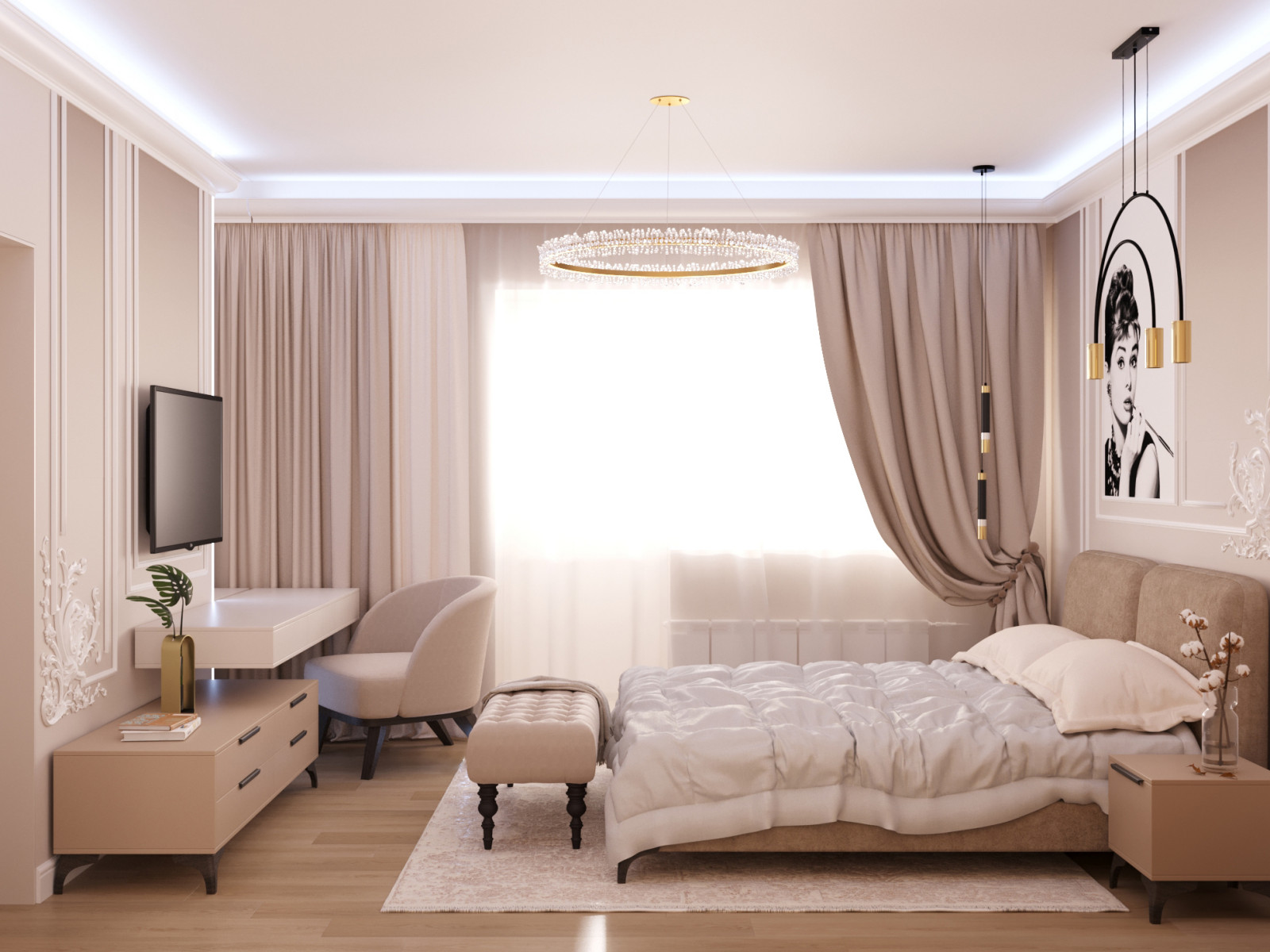 Спальня в стиле Одри Хепбёрн, неоклассика