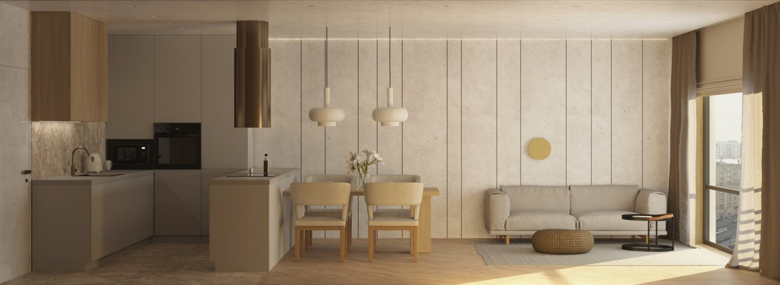 Кухня-гостиная в стиле джапанди из дизайн-проекта в ЖК Hill8, Москва