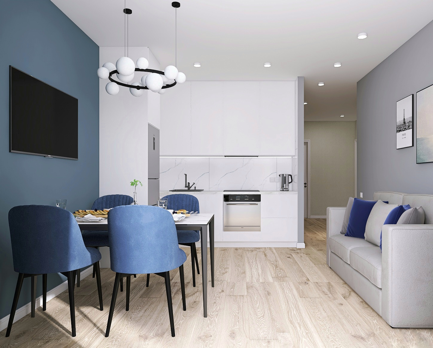 Кухня-гостиная в синих тонах