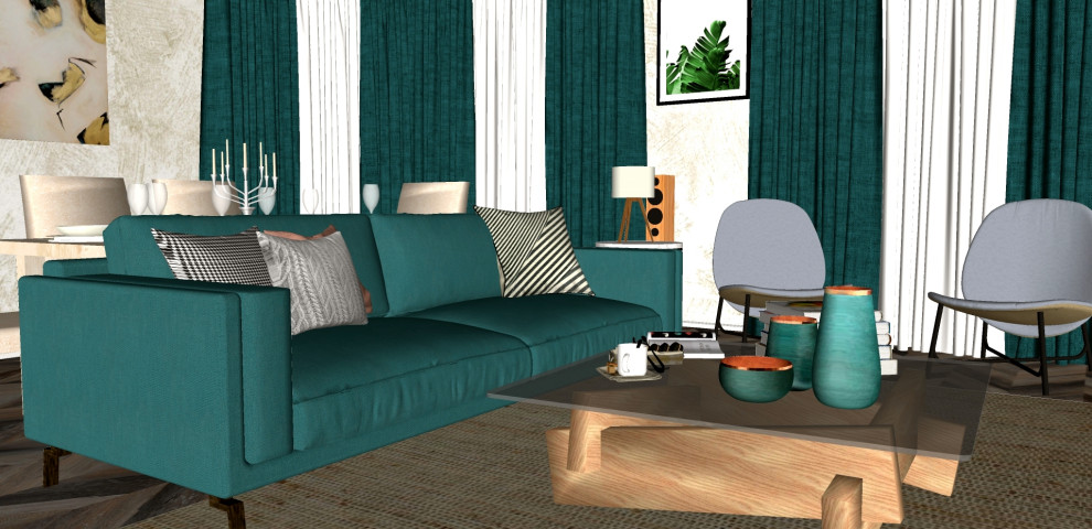 Гостиная-столовая с бирюзовым акцентом