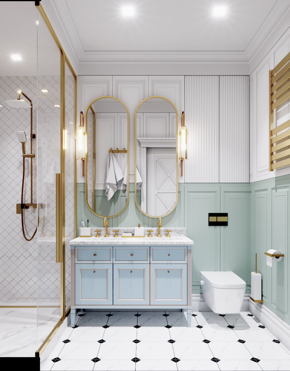 Дизайн ванной комнаты и душевой комнаты в классическом стиле. Вариации.