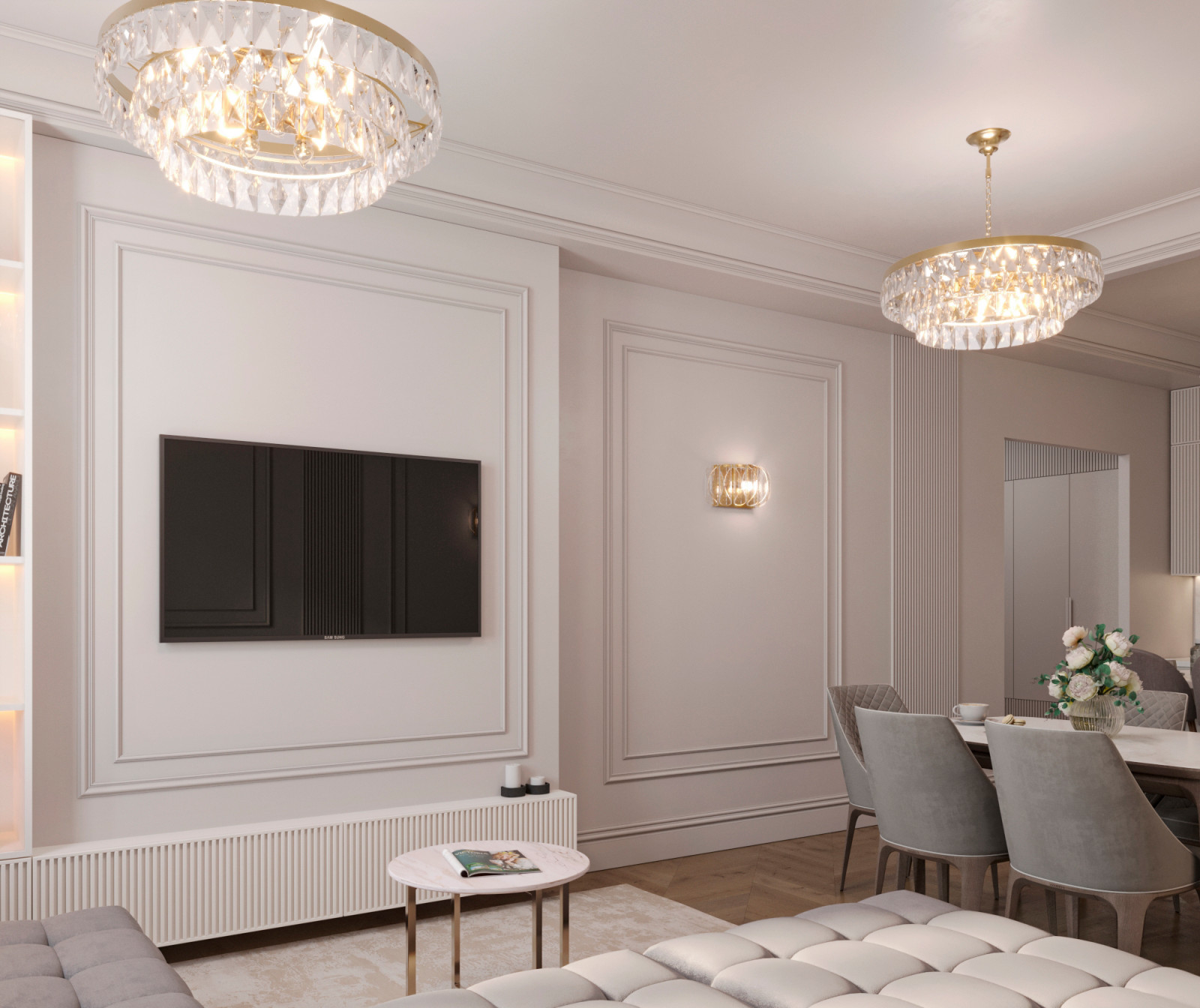 Кухня-гостиная нео-классика светлый вариант