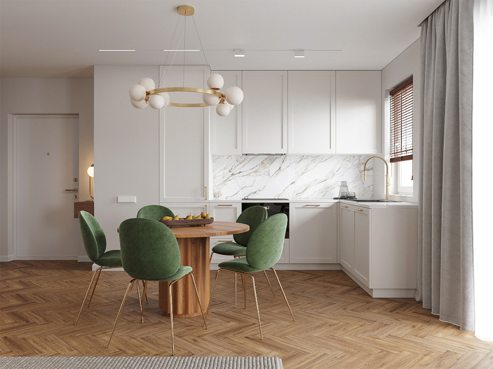 Неоклассический интерьер прихожей и кухни-гостиной