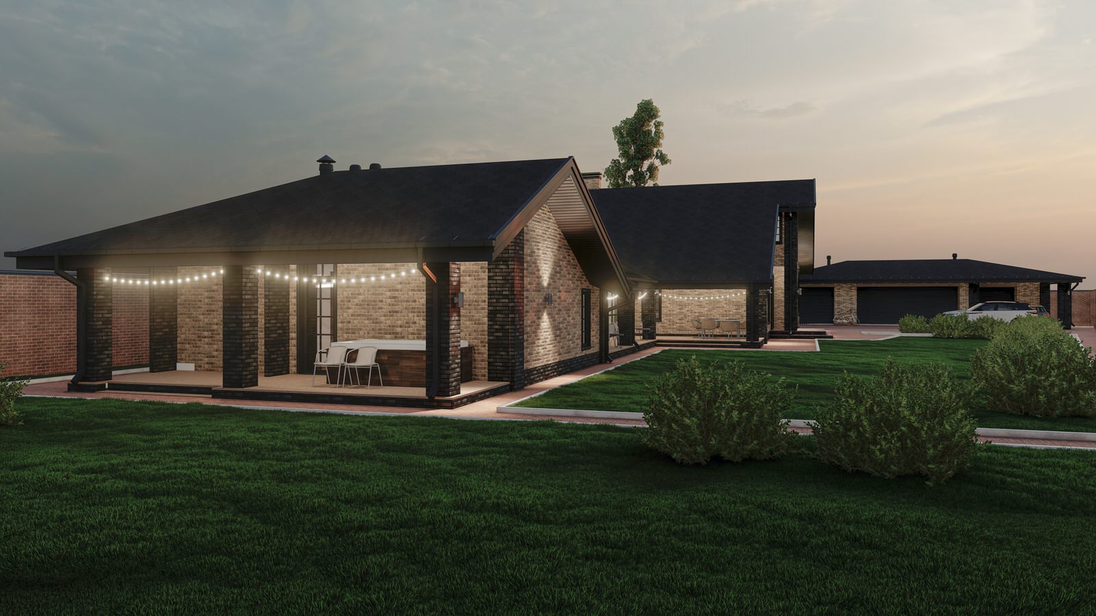 Жилой дом с мансардой, пристроенным банным комплексом и гаражным комплексом