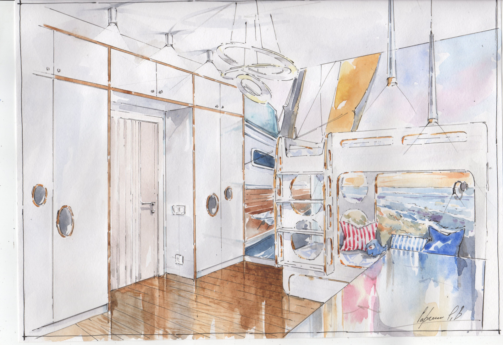 Акварельные эскизы к проекту. Дизайн проект квартиры в современном стиле.