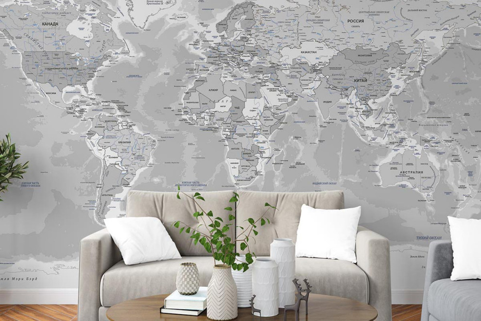 Фотообои Карта мира Подробная серая