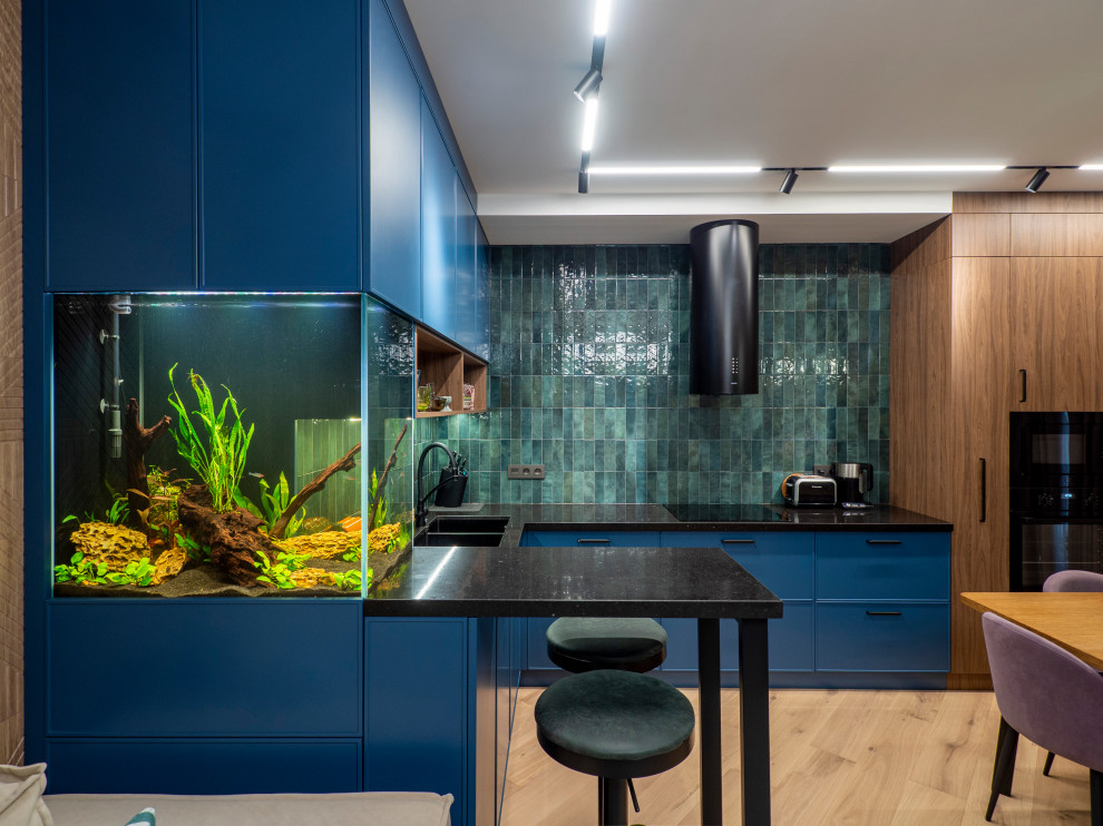 Кухня в современном стиле со встроенным аквариумом