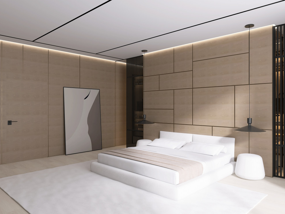 Мастер-блок с собственным гардеробом, необычным полками для книг и ковром на всю