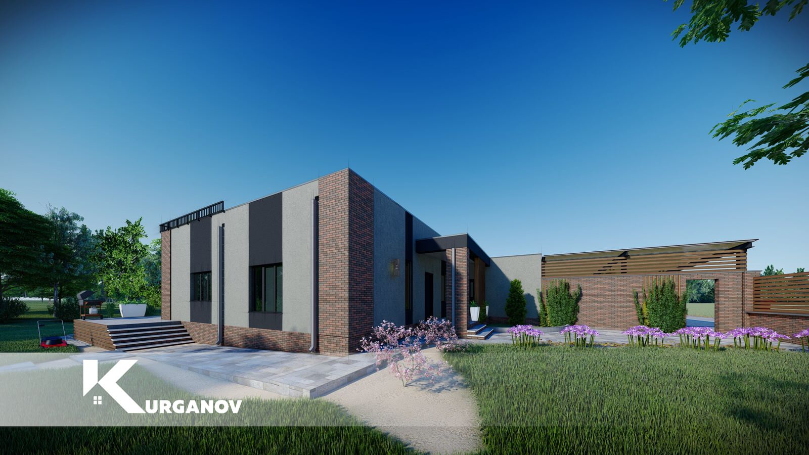 Проект жилого одноэтажного дома c плоской эксплуатируемой кровлей  гаражом и тер