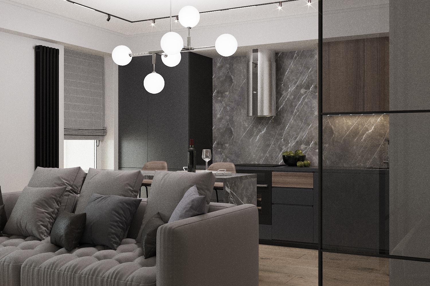 Интерьер гостиной совмещенной с кухней в современном стиле